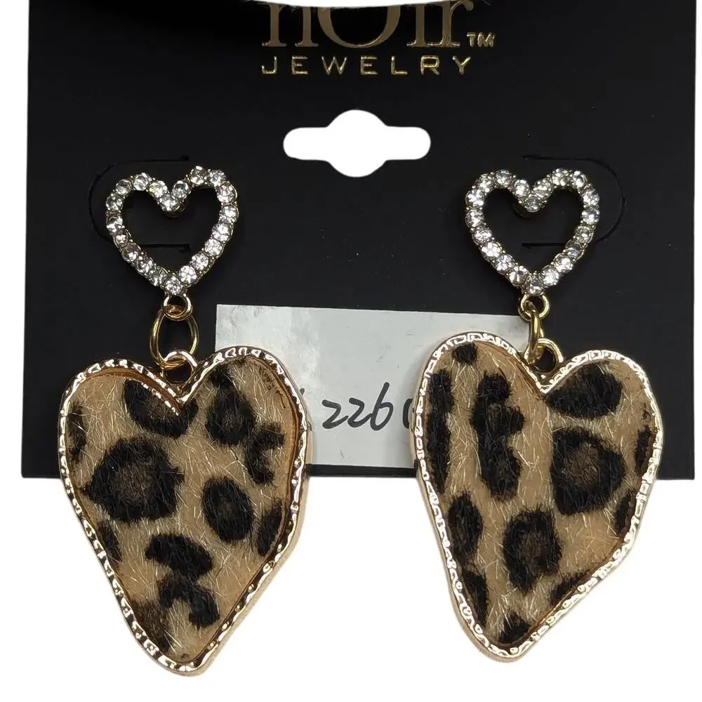 Leopard Print Heart Earrings With Rhinestones - Picture 6 of 6